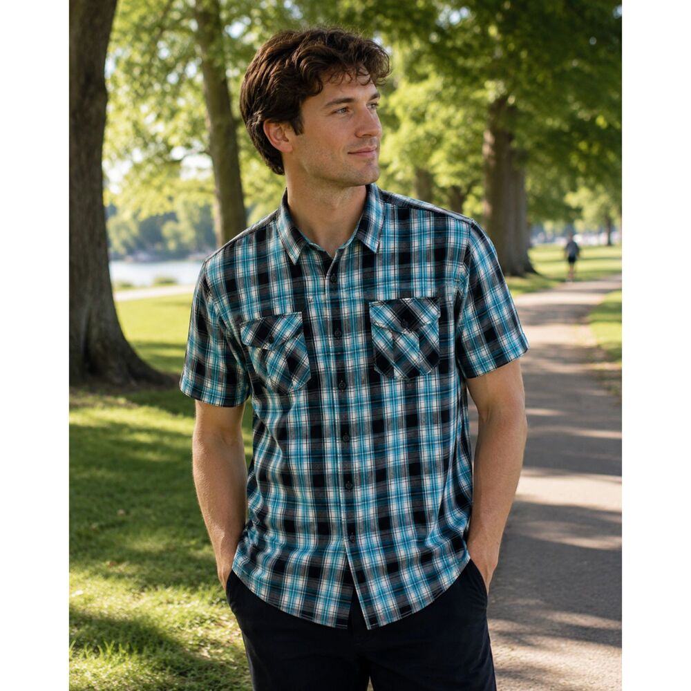 Leor Men's 2X Blue Plaid Short Sleeve Button-Up Shirt Casual Western Style